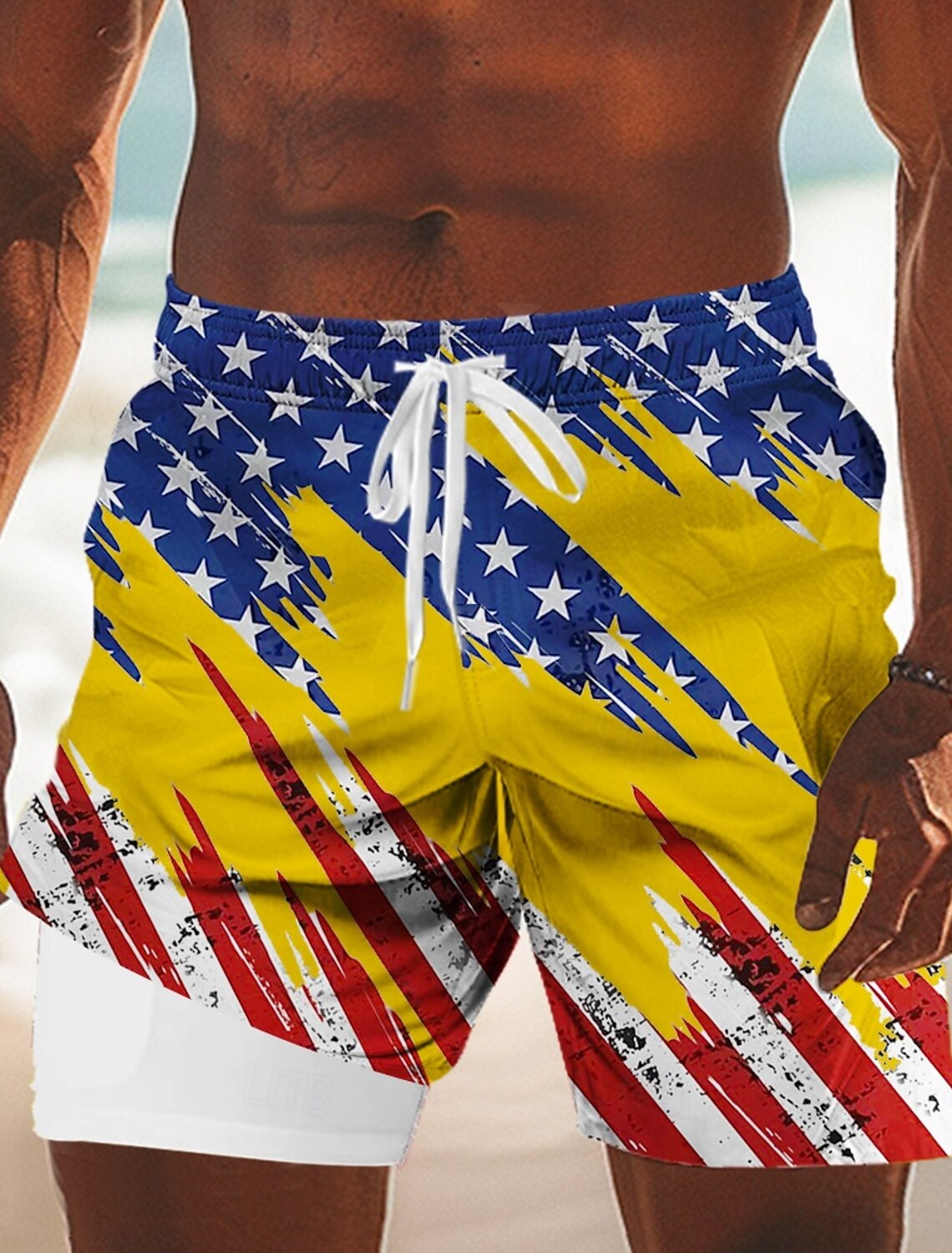 Men's 4th of July U.S. 250th Anniversary American Flag Lined Shorts 2 in 1 Board Shorts Swim Shorts Mid Waist Patriotic Holiday Side Pockets With Compression Liner Elastic Drawstring Waist Designer