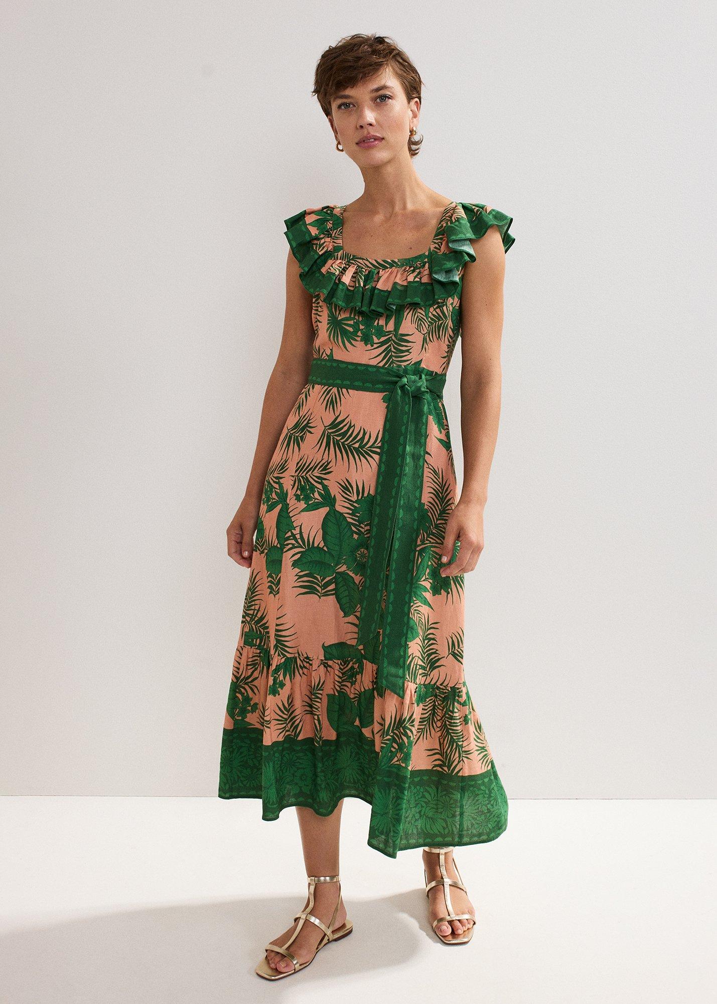 Sandra Frill Sleeve Palm Midi Dress