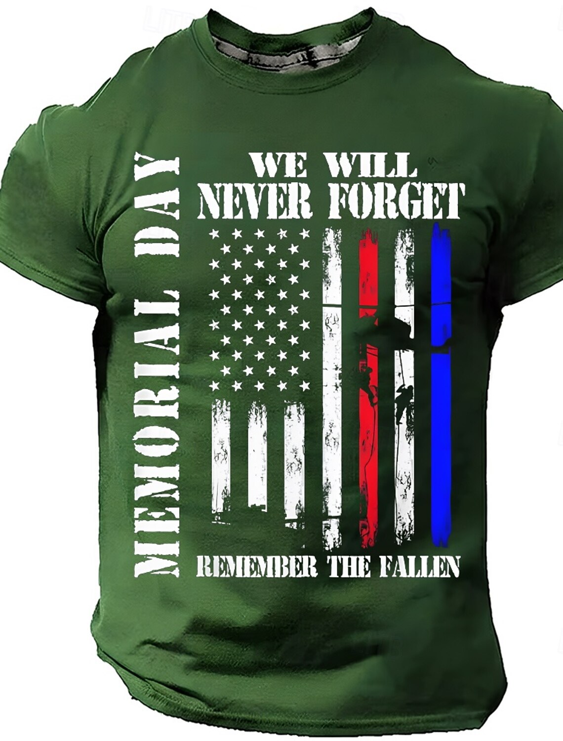 Memorial Day We Will Never Forget Remember The Fallen Men's American Flag Veteran Silhouette Patriotic Graphic T Shirt Distressed Vintage Short Sleeve Casual Tee Designer Clothing Apparel S M L XL XXL