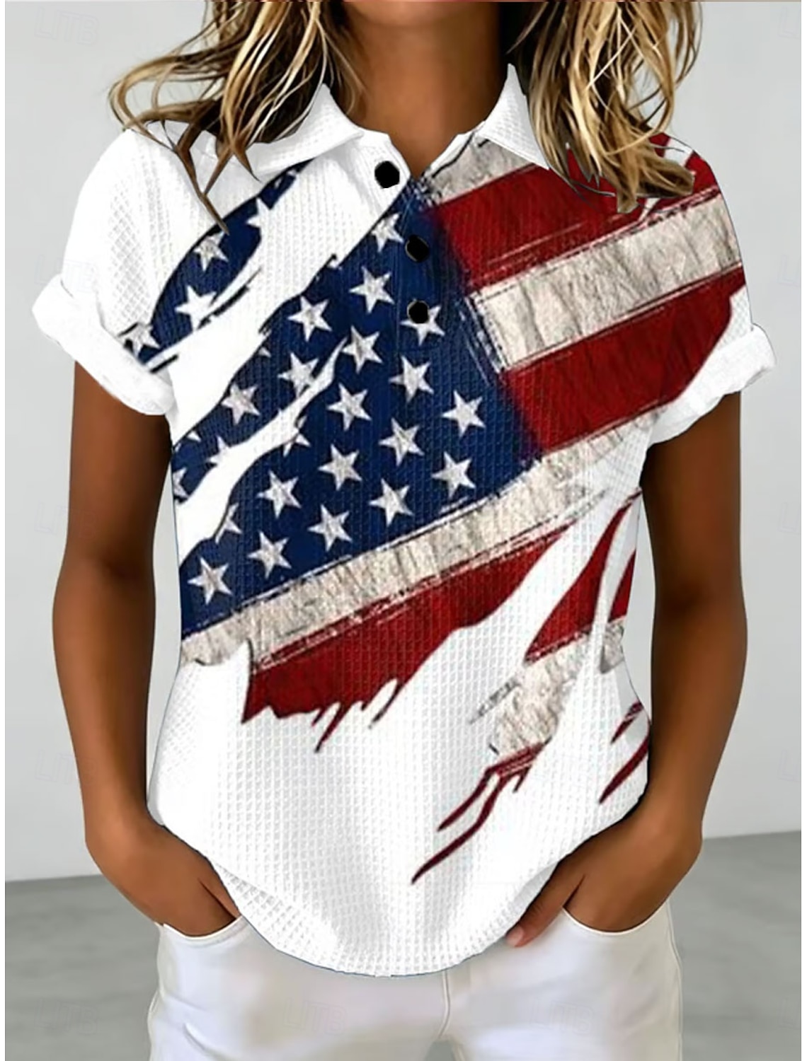 American Independence Day Women's Waffle Polo Shirts Graphic Flag Vintage Stylish Classic Short Sleeve Polo Collar Regular Tops Casual Daily White Red Summer Spring