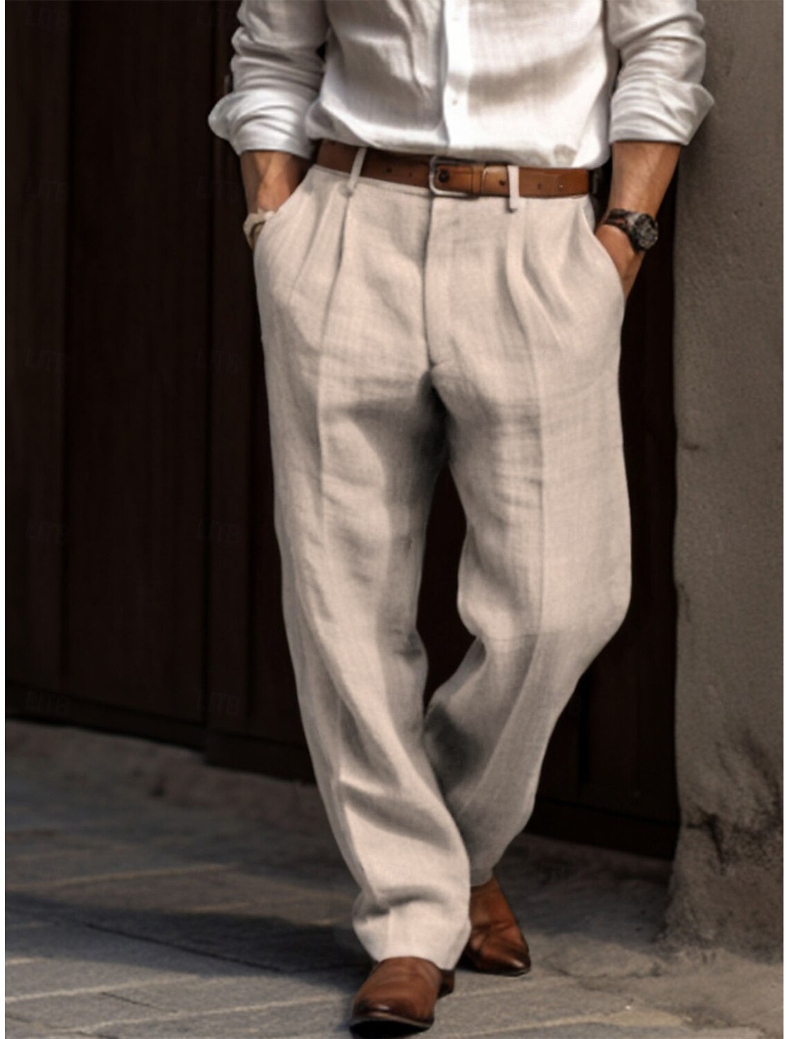 Men's Linen Pants Trousers Summer Pleated Dress Slacks Front Pocket