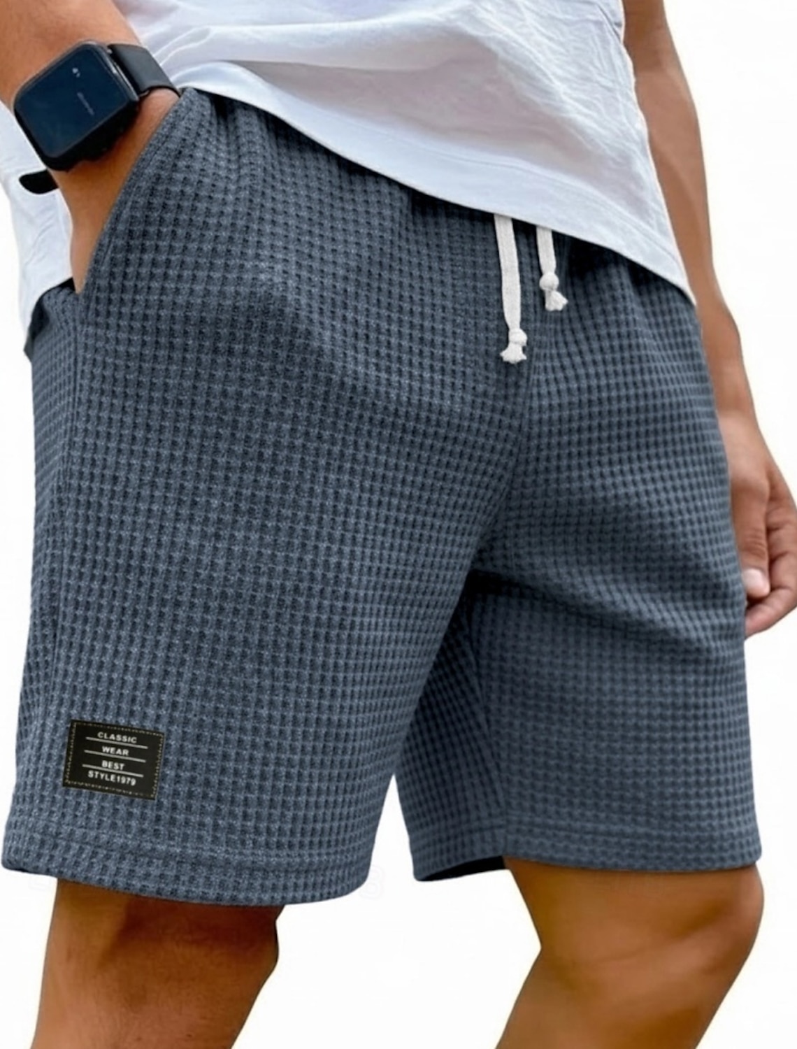 Men's Waffle Shorts Shorts Summer Shorts Beach Shorts Casual Shorts Pocket Elastic Waist Plain Comfort Breathable Knee Length Casual Outdoor Beach Vacation Fashion Black White Micro-elastic