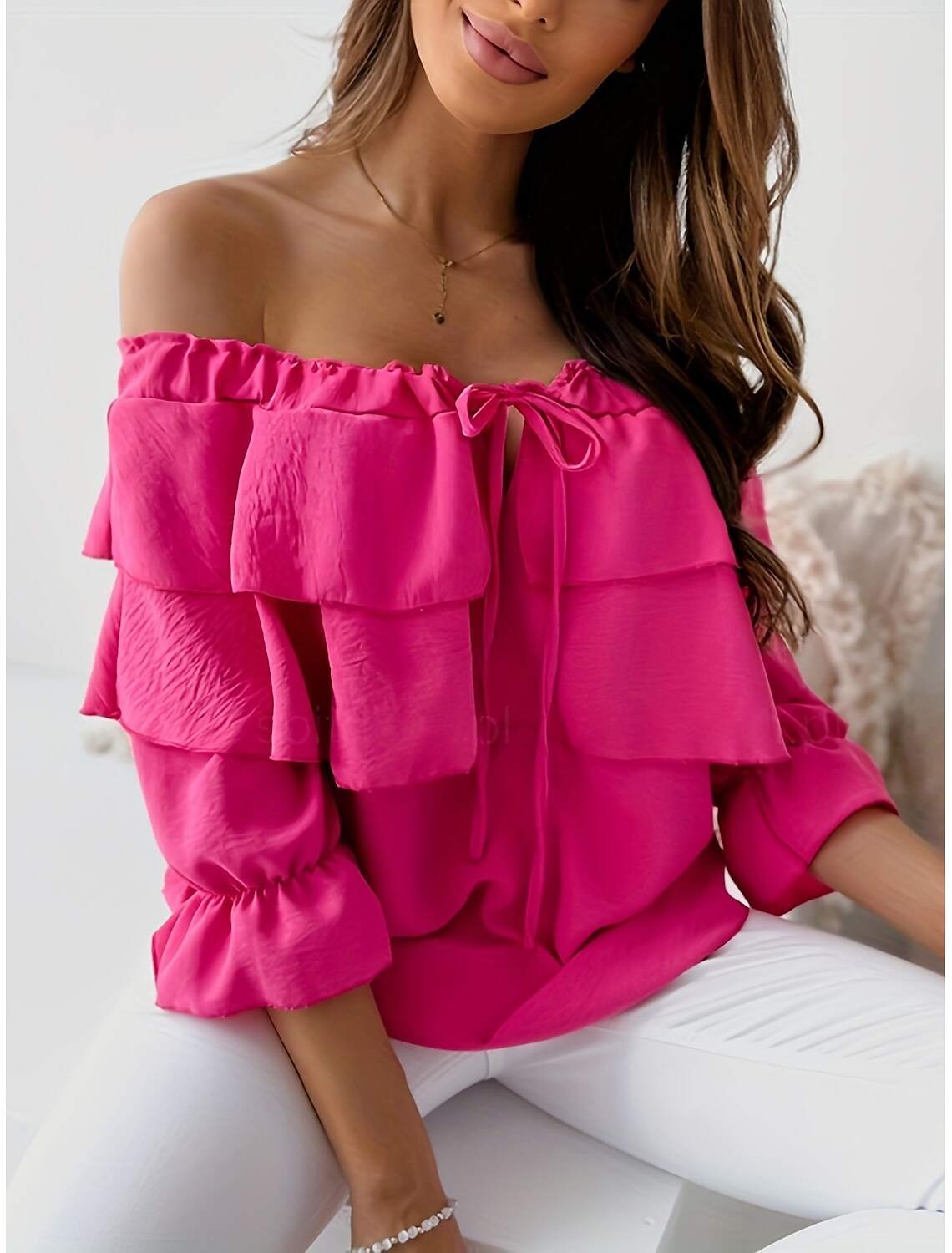 Shirt Blouse Women's Solid / Plain Color Lace up Ruffle Daily Fashion Off Shoulder Regular Fit S