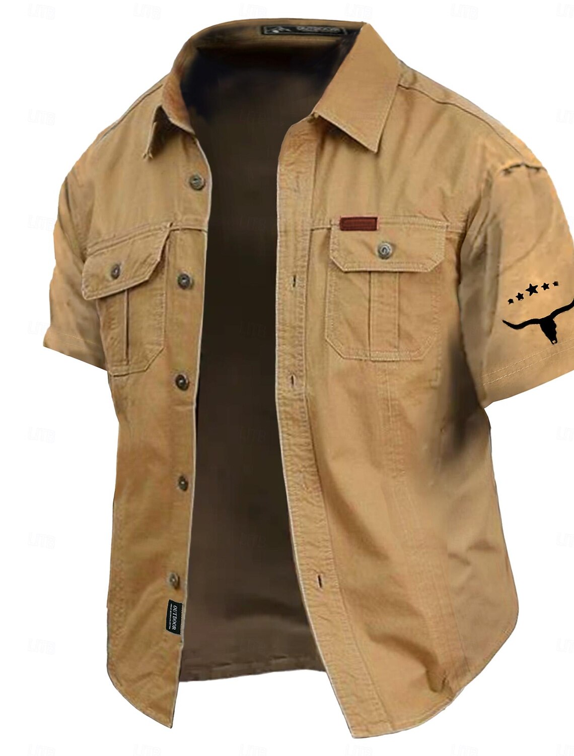 Men's Cow Print Work Shirt Western Cargo Short Sleeve Casual Tactical
