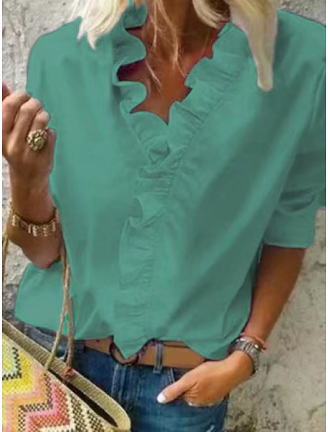 Women‘s Blouse Shirt V Neck Lettuce Trim Plain Modern V Neck Regular Spring & Fall Blue