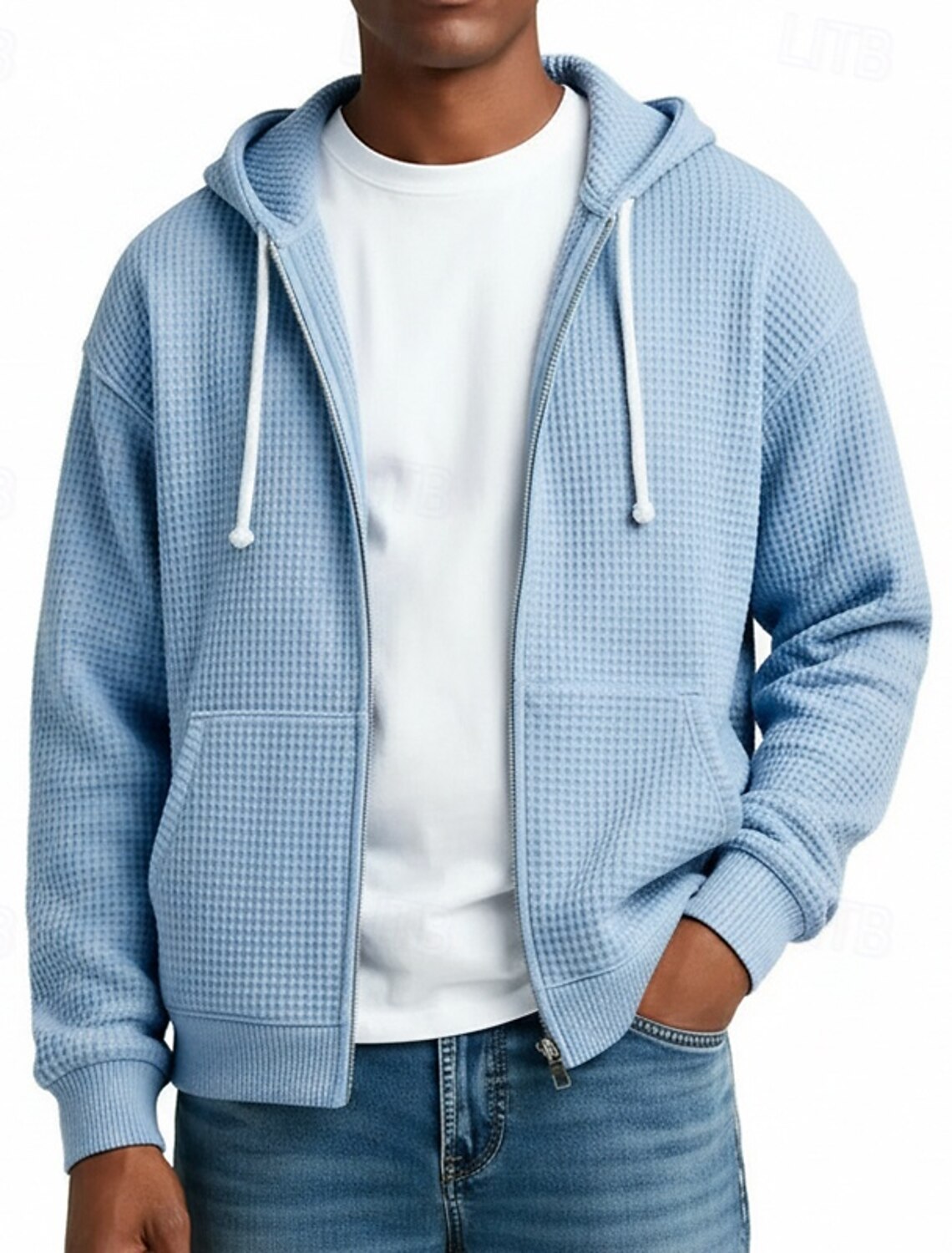 Men's Hoodie Full Zip Waffle Hoodies White Light Green Navy Blue Dark