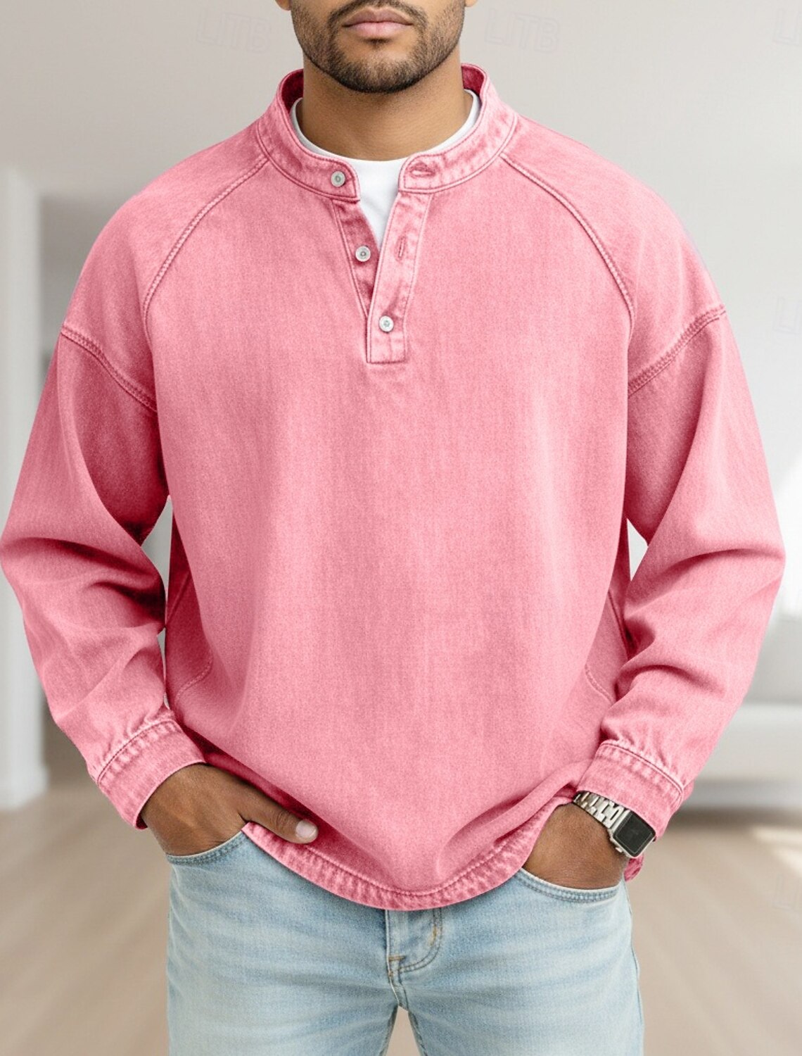 Men's T Shirt Henley Denim 100% Cotton Acid Wash Tee Top Long Sleeve