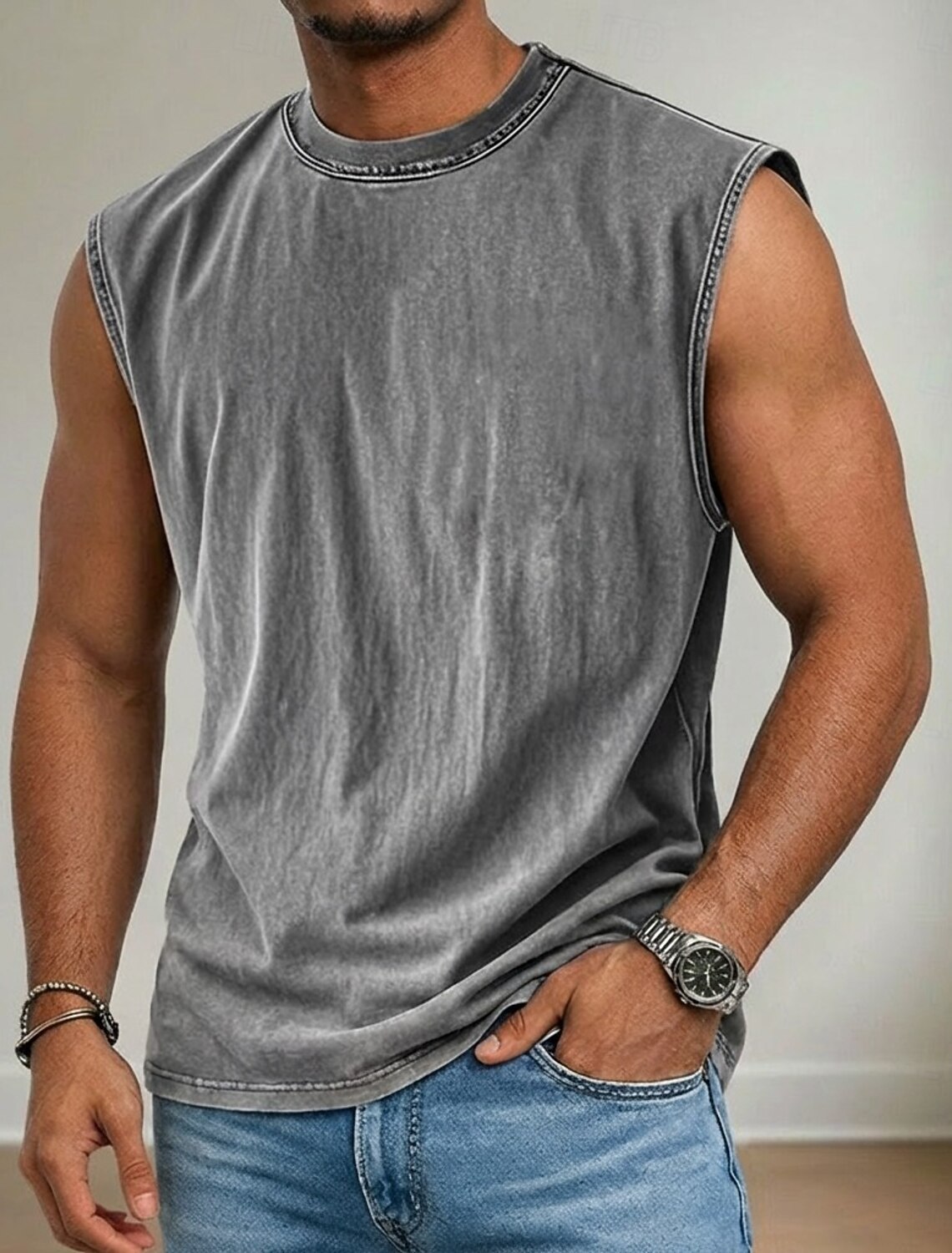 Men's Tank Top Acid Wash Vest Undershirt Sleeveless Shirt Crew Neck