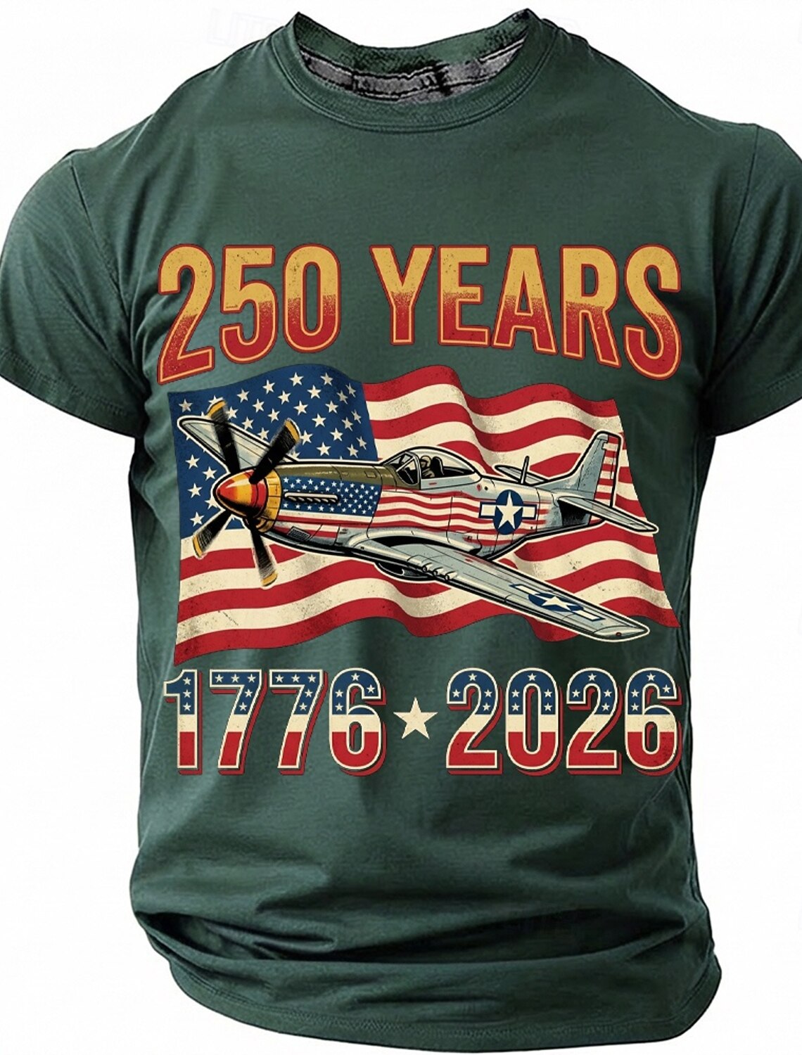 250th Anniversary July 4th 2026 Men's 250 Years 1776-2026 P-51 Mustang Fighter Plane Graphic T Shirt Short Sleeve Crew Neck Patriotic USA Flag Aviation Veteran Gift Designer Clothing Apparel