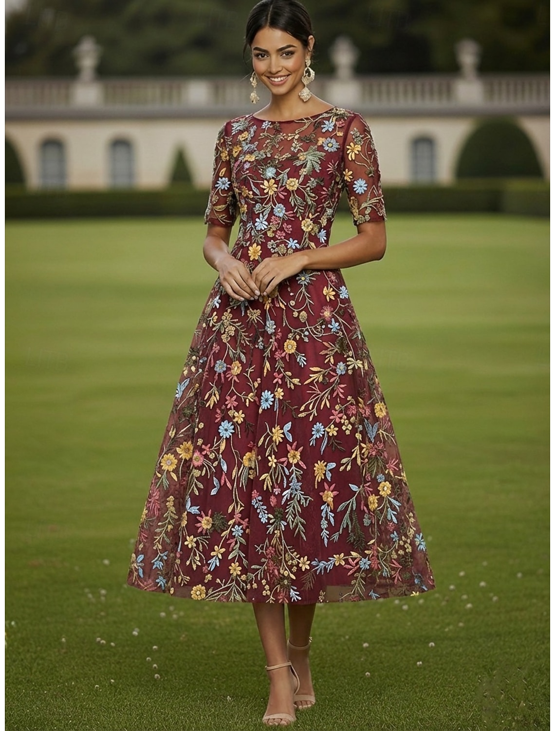 A-Line Dress Tea Length Cocktail Dress Wedding Guest Dress Mother of the Bride Dress Half Sleeve Crew Neck Boat Neck Elegant Casual Formal Kentucky Derby Semi Formal Tulle with Embroidery Appliques