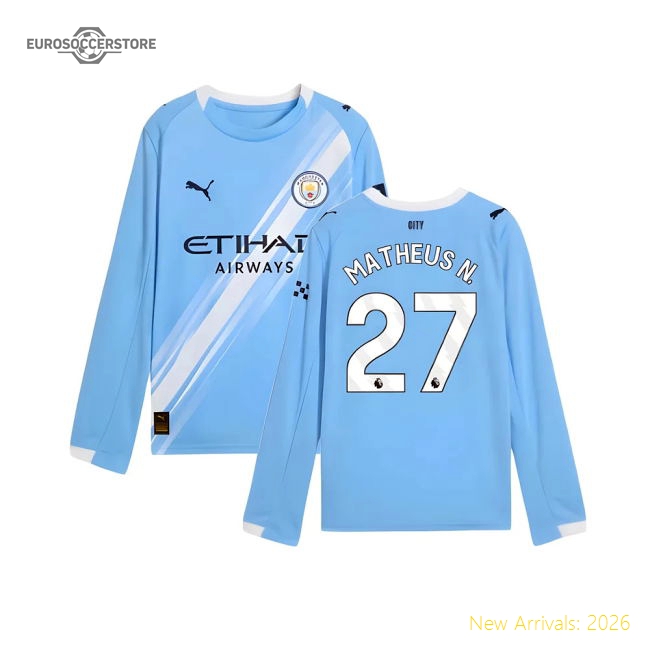 Performance 2025-2026 Man City Long Sleeve Home Kit Kids Matheus N. 27