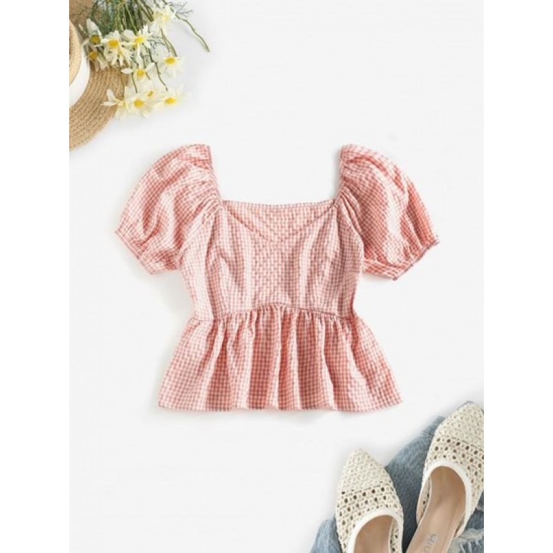 Gingham Puff Sleeve Peplum Blouse TP3361