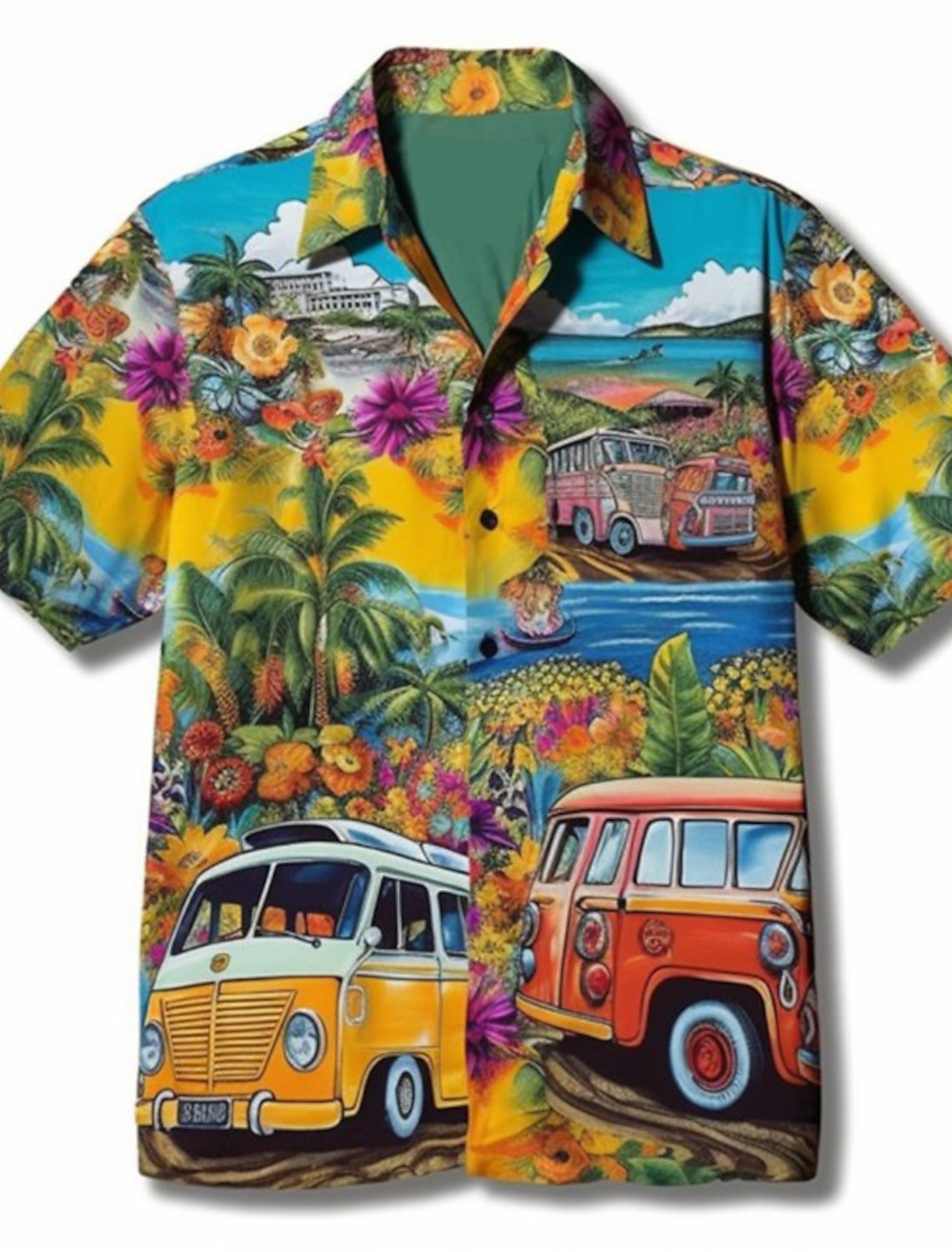 Men's Floral Hippie Bus Shirt Summer Hawaiian Aloha Short Sleeves