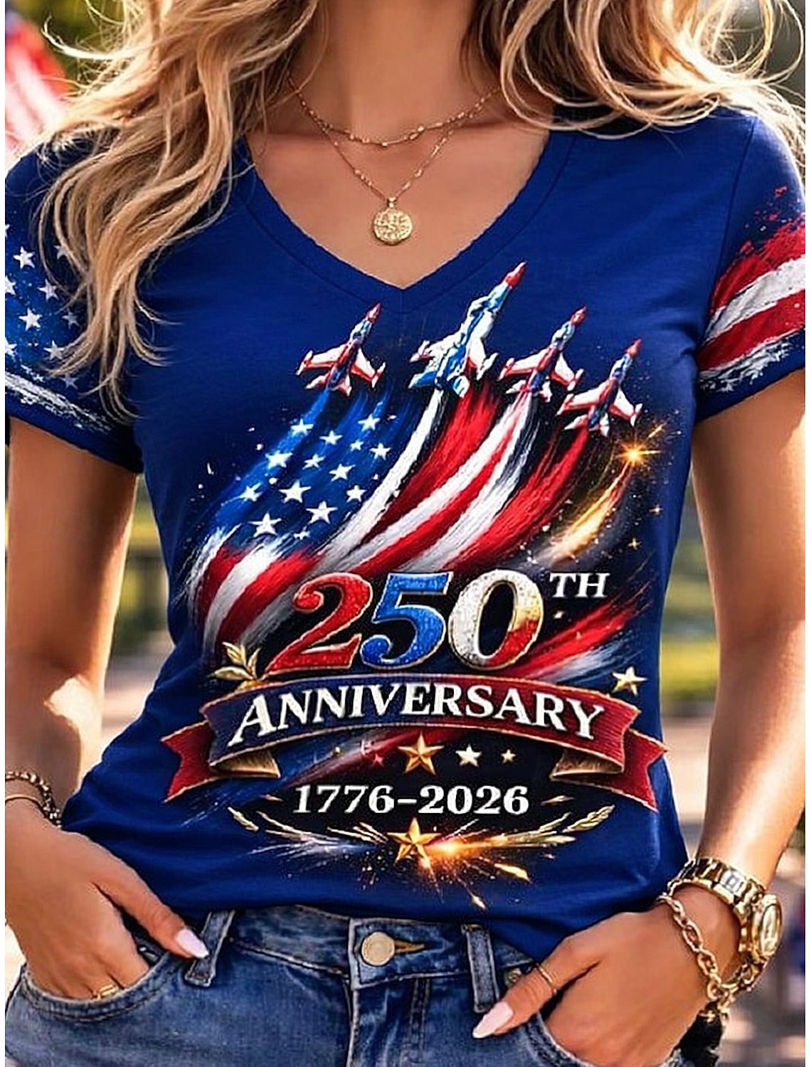 Independence Day American Anniversary Patriotic Women's T Shirt Print Graphic Flag Vintage Stylish Classic Short Sleeve V Neck Regular Tops Daily Blue Black White Red Summer Spring