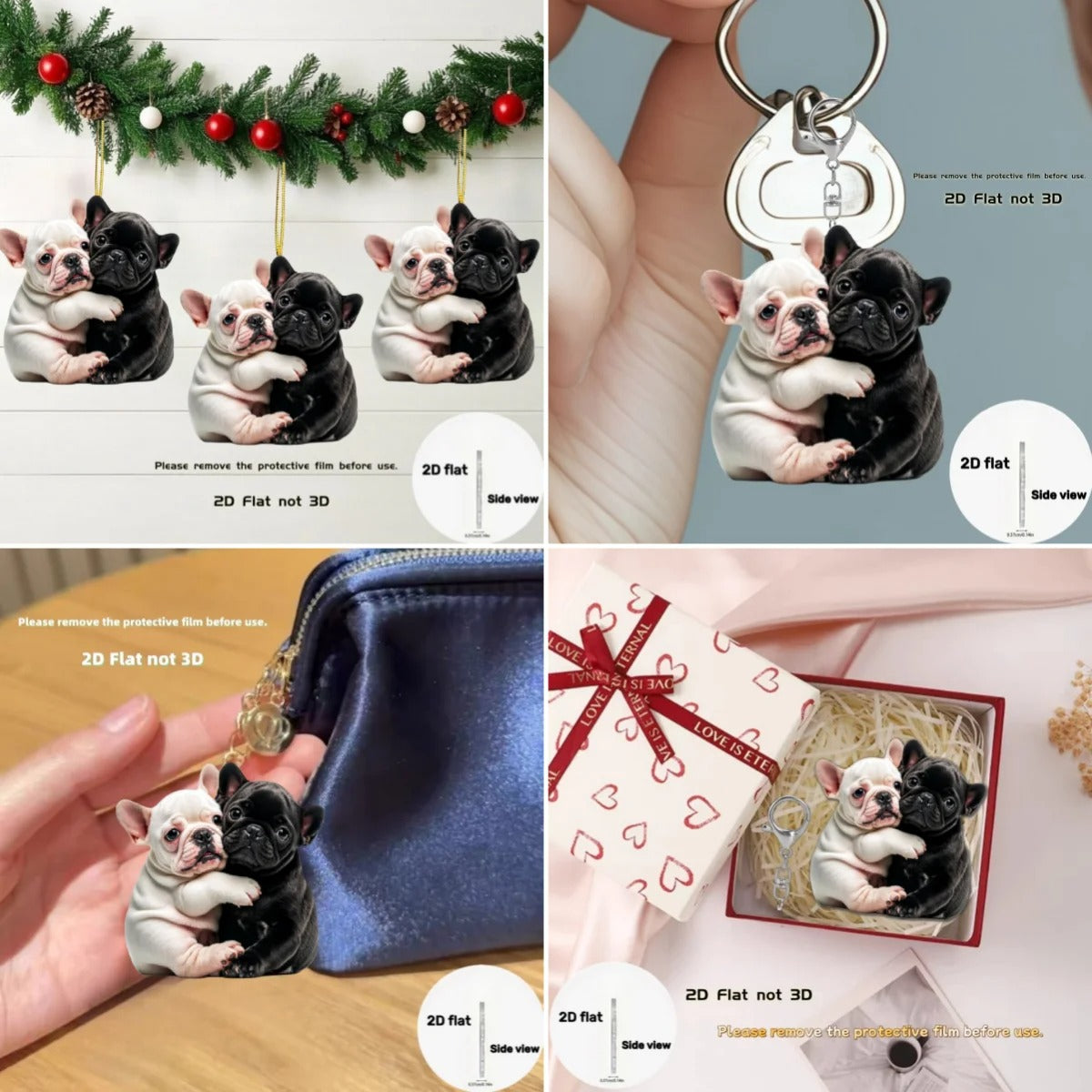 Hugging Frenchie Keychain – Cute 2D Acrylic Puppy Pendant