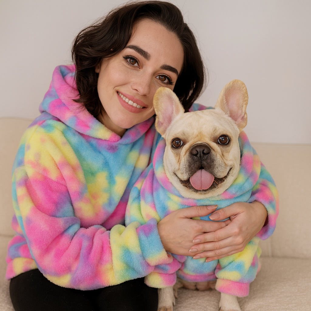 Zestara Frenchie Human Matching Hoodie – Plush Fleece Rainbow Tie-Dye Sweatshirt for Dog and Owner