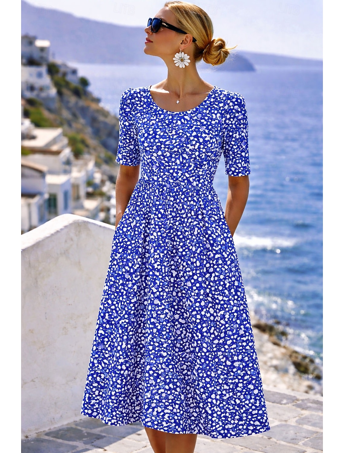 Women's Midi Dress Shift Dress Vacation Casual Regular Fit Floral Graphic Bohemian Short Sleeve Crew Neck Blue Red Orange Green Summer Spring