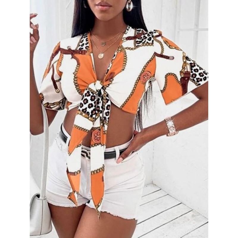 Chain Leopard Print Tie Front Crop Blouse VK7956