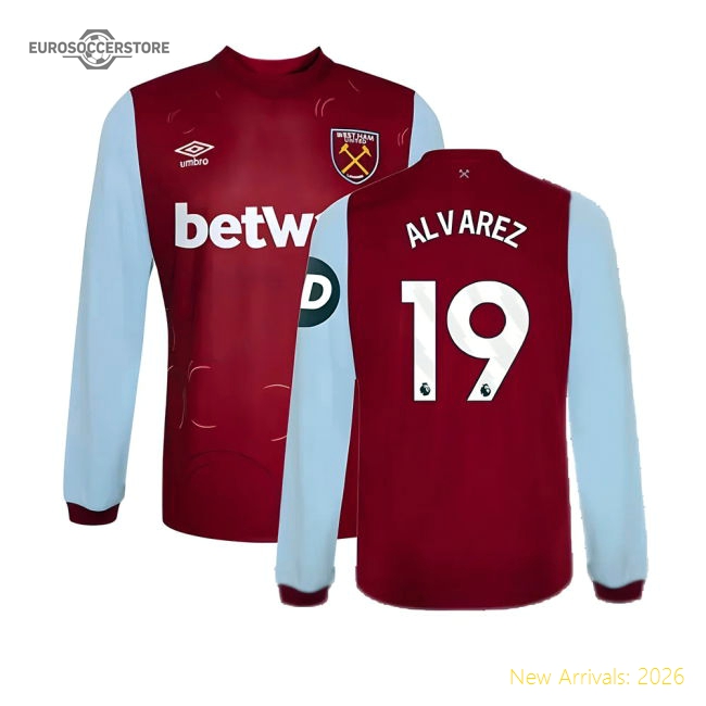 2023-2024 West Ham Long Sleeve Home Shirt Alvarez 19 Supporter Version