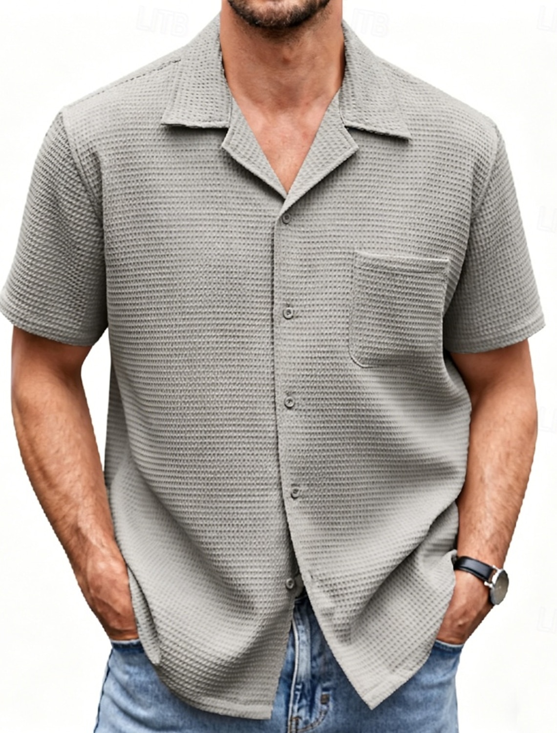Men's Shirt Waffle Shirt Casual Shirt Button Up Shirt Jacquard Shirt Black White Pink Navy Blue Purple Short Sleeve Plain Shirt Collar Casual Daily Front Pocket Clothing Apparel Elegant Fashion Casual