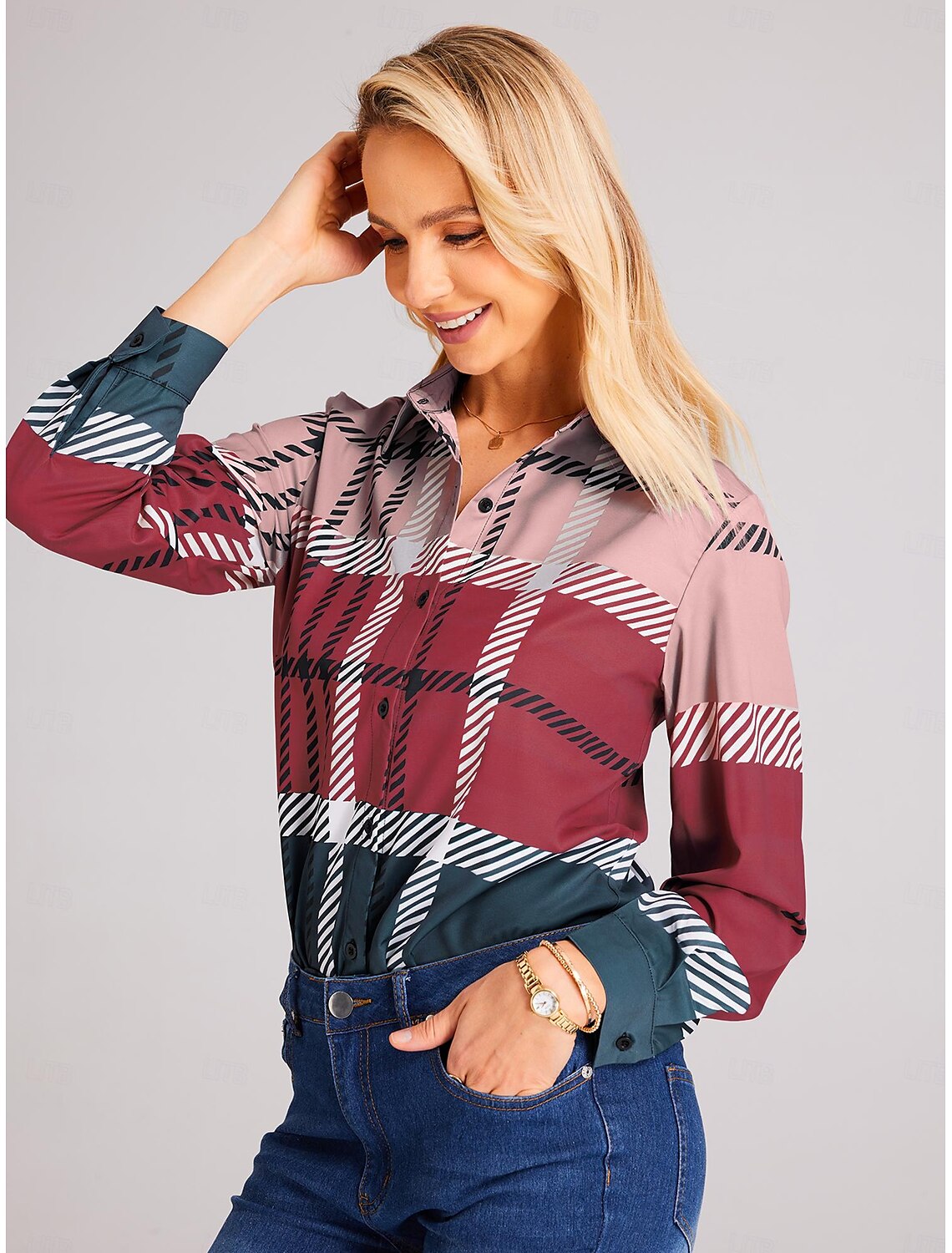 Women's Shirt Blouse Fashion Plaid Buttons Print Long Sleeve Regular Tops Shirt Collar Casual Spring & Fall