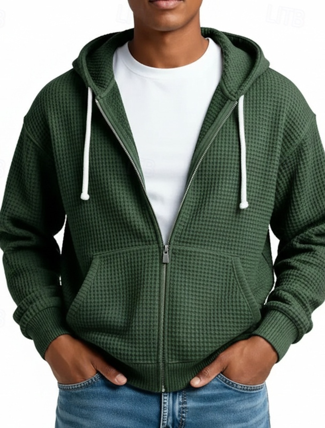 Men's Hoodie Full Zip Waffle Hoodies White Light Green Navy Blue Dark