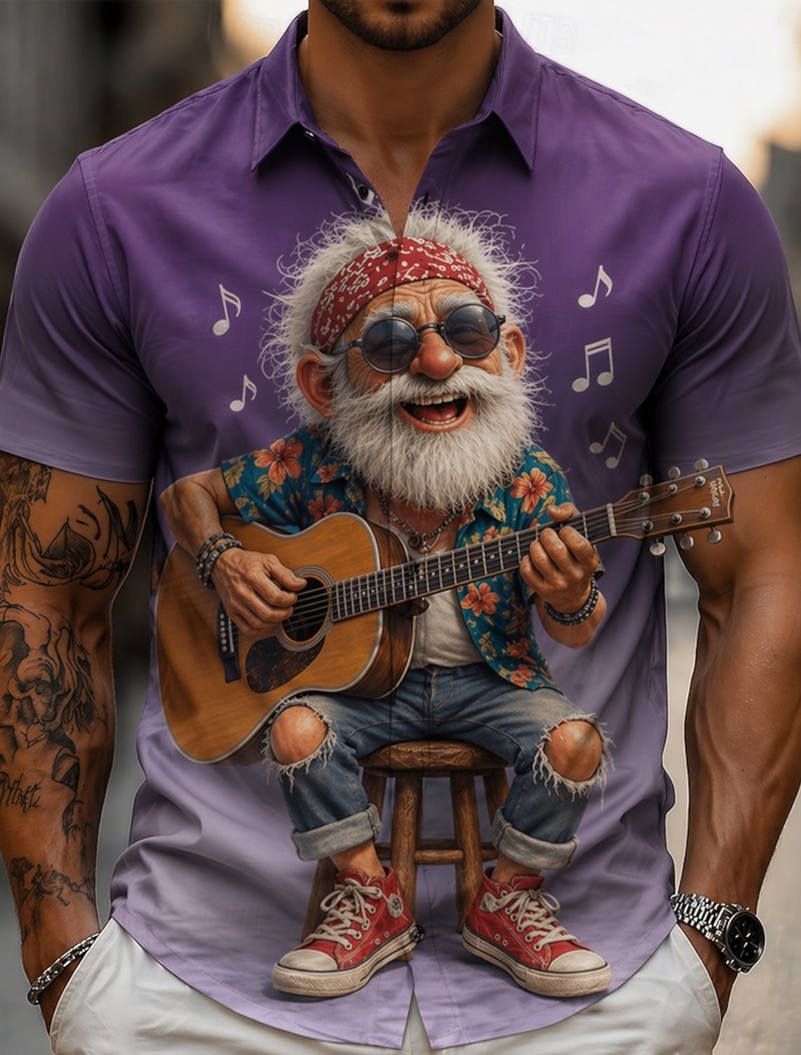 Men's Guitarist Player Cartoon Character Old Man Shirt Summer Shirt Button Up Shirt Short Sleeve Funny Vintage Retro Daily Outdoor Vacation Summer Spring Turndown 3D Print Collared Shirts Blue Violet