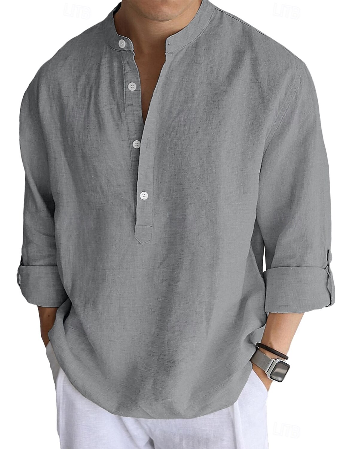 Men's Linen Shirt Popover Casual Beach Band Collar Plain Vacation