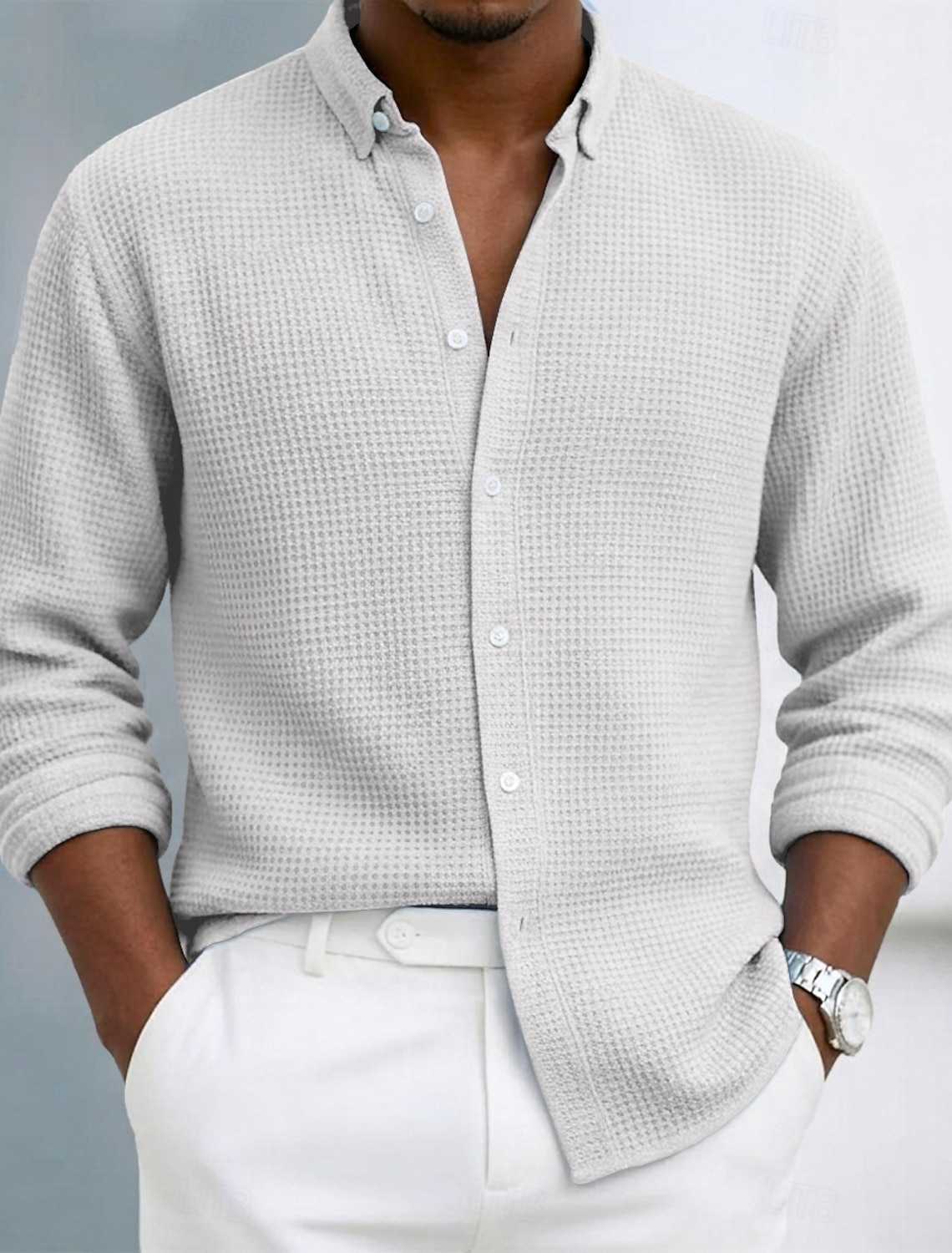 Men's Shirt Waffle Texture Casual Button Up Black White Wine Navy B #1