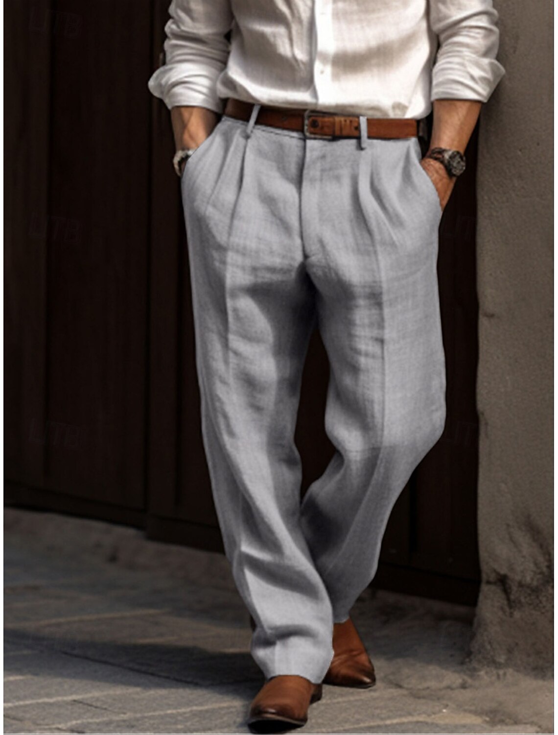 Men's Linen Pants Trousers Summer Pleated Dress Slacks Front Pocket
