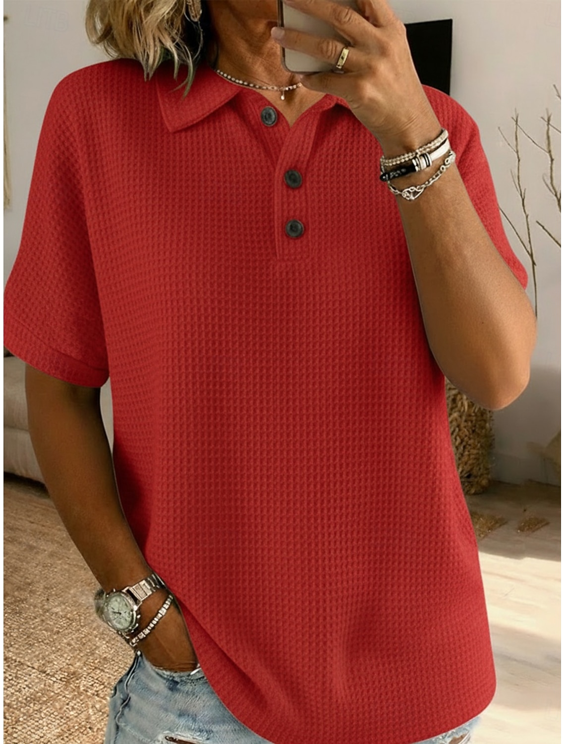 Women's Waffle Shirt T Shirt Polo Shirts Tee Buttons Plain Stylish Classic Modern Short Sleeve Shirt Collar Regular Tops Daily Holiday Going out Black White Red Sky Blue Summer Spring