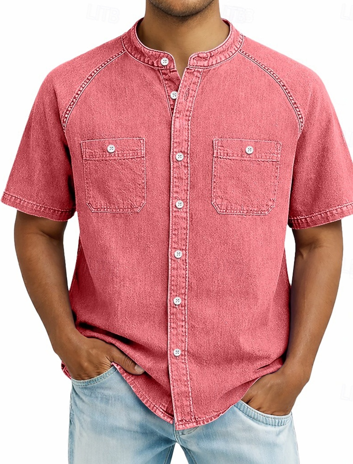 SoftFade™ Men's Shirt Casual Shirt Button Up Shirt Cotton Acid Wash Shirt Black Light Green Pink Purple khaki Short Sleeve Plain Grandad Collar Casual Daily Front Pocket Clothing