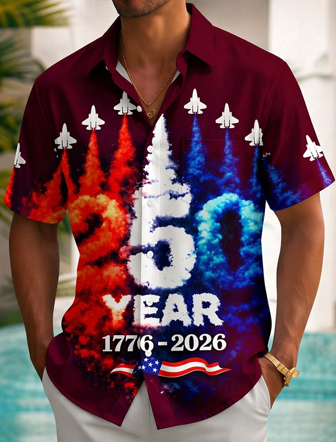 Men's 4th of July U.S. 250th Anniversary Jet Fighter US Flag Shirt Summer Shirt Button Up Shirt Short Sleeve Patriotic Outdoor Holiday Summer Spring Turndown 3D Print Collared Shirts Front One Pocket