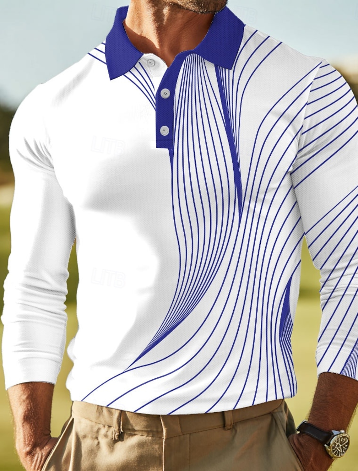 Men's Geometric Polo Long Sleeve Shirts Collared Business Casual