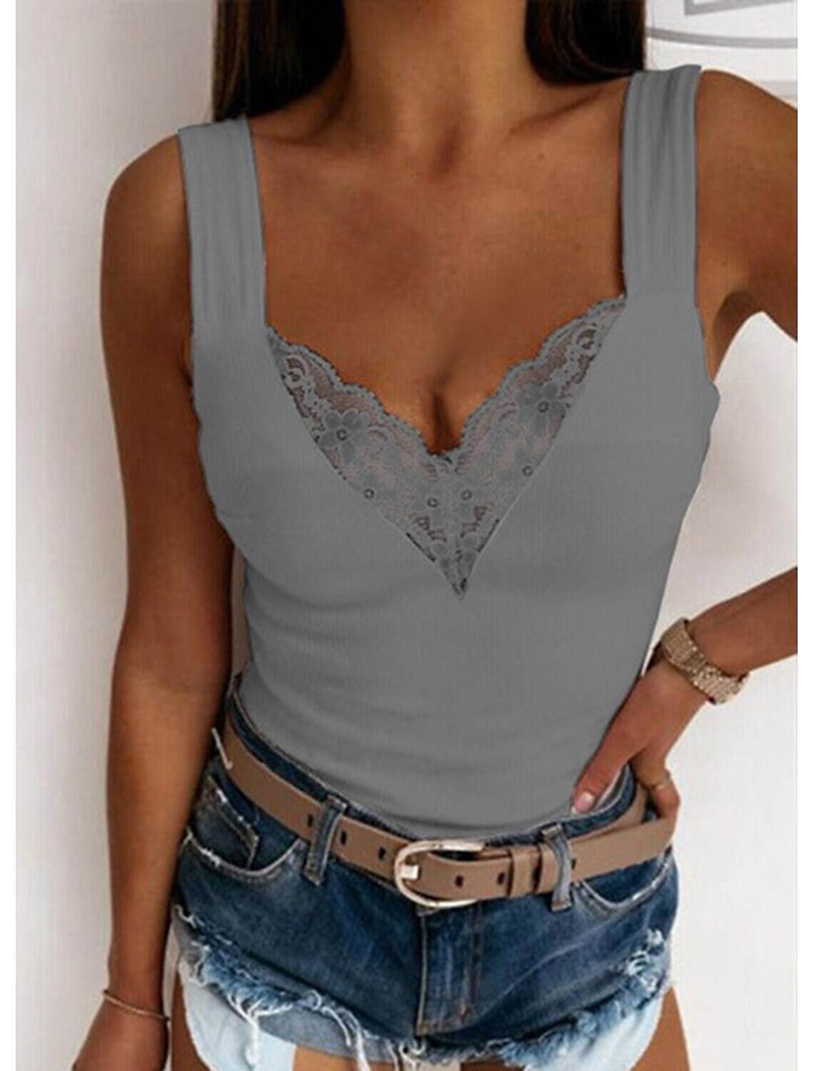 Women's Tank Top Going Out Tops Camis Concert Tops Plain Patchwork Lace Trims Sleeveless Party Daily Basic Sexy Sweetheart Regular S