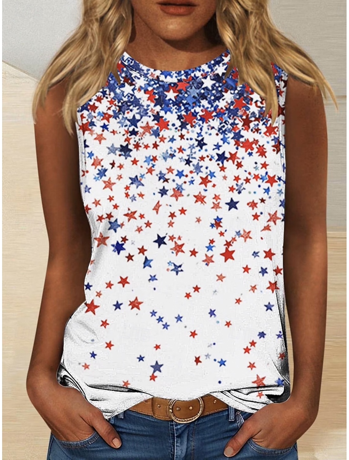 Independence Day Patriotic Women's T Shirt Flag Stylish Classic Sleeveless V Neck Notched Neck Regular Tops Daily Buttons Print Blue Summer Spring