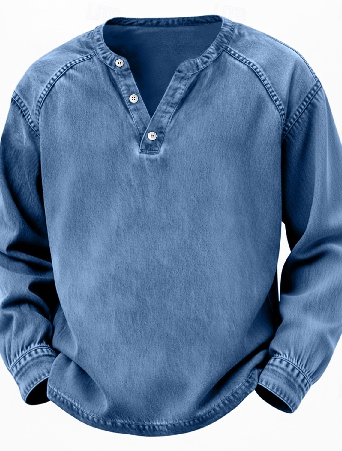 Men's T Shirt Henley 100% Cotton Acid Wash Tee Top Long Sleeve Plai #2