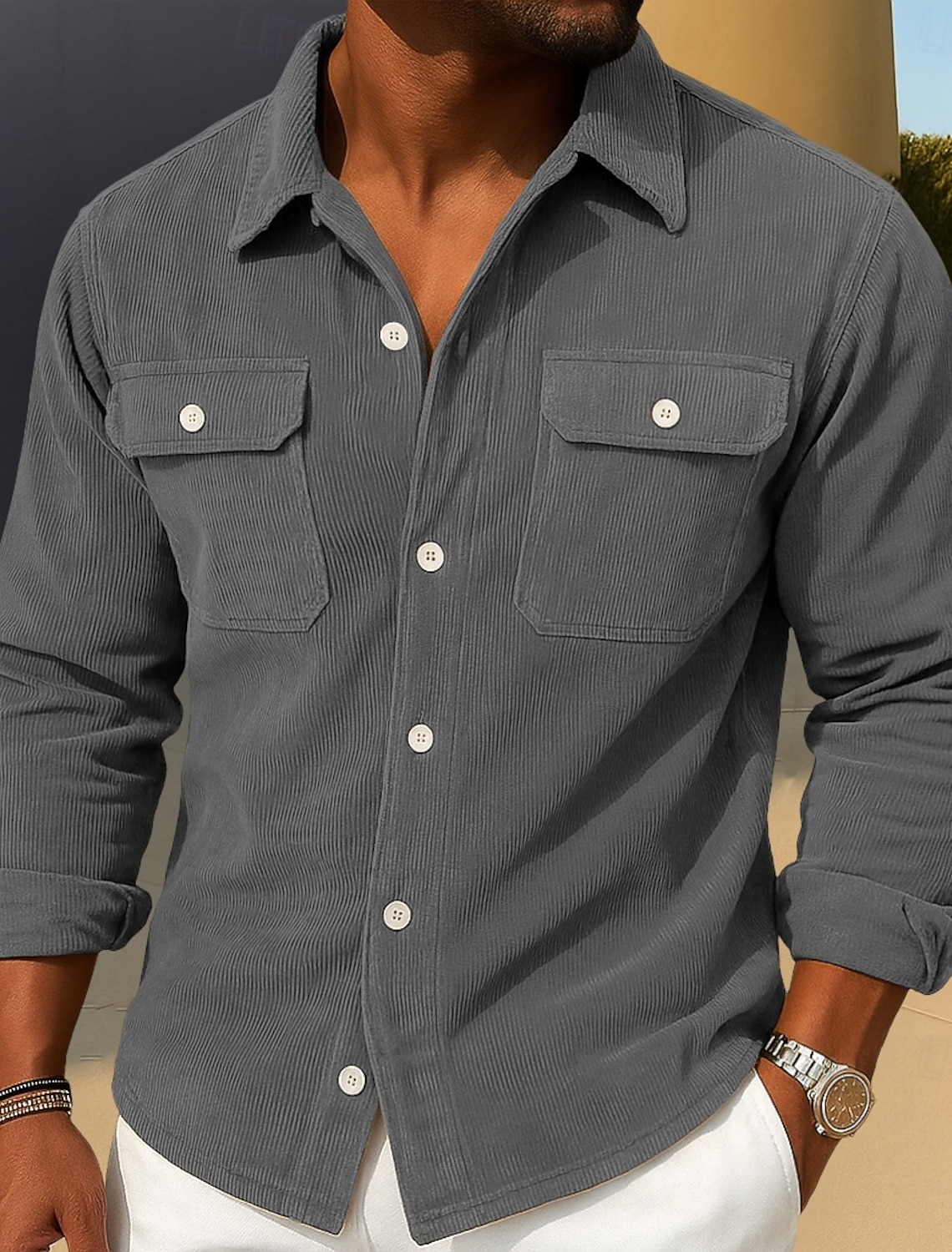 Men's Corduroy Shirt Black Purple Brown Gray Long Sleeve Plain