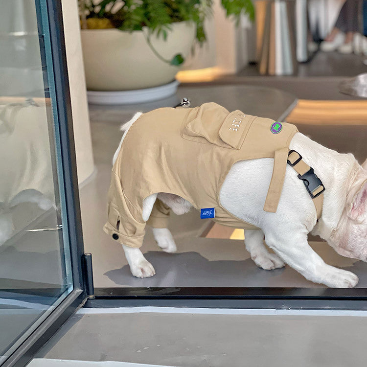 BarkBuilt French Bulldog Overalls – Khaki Utility Dog Jumpsuit with Pocket