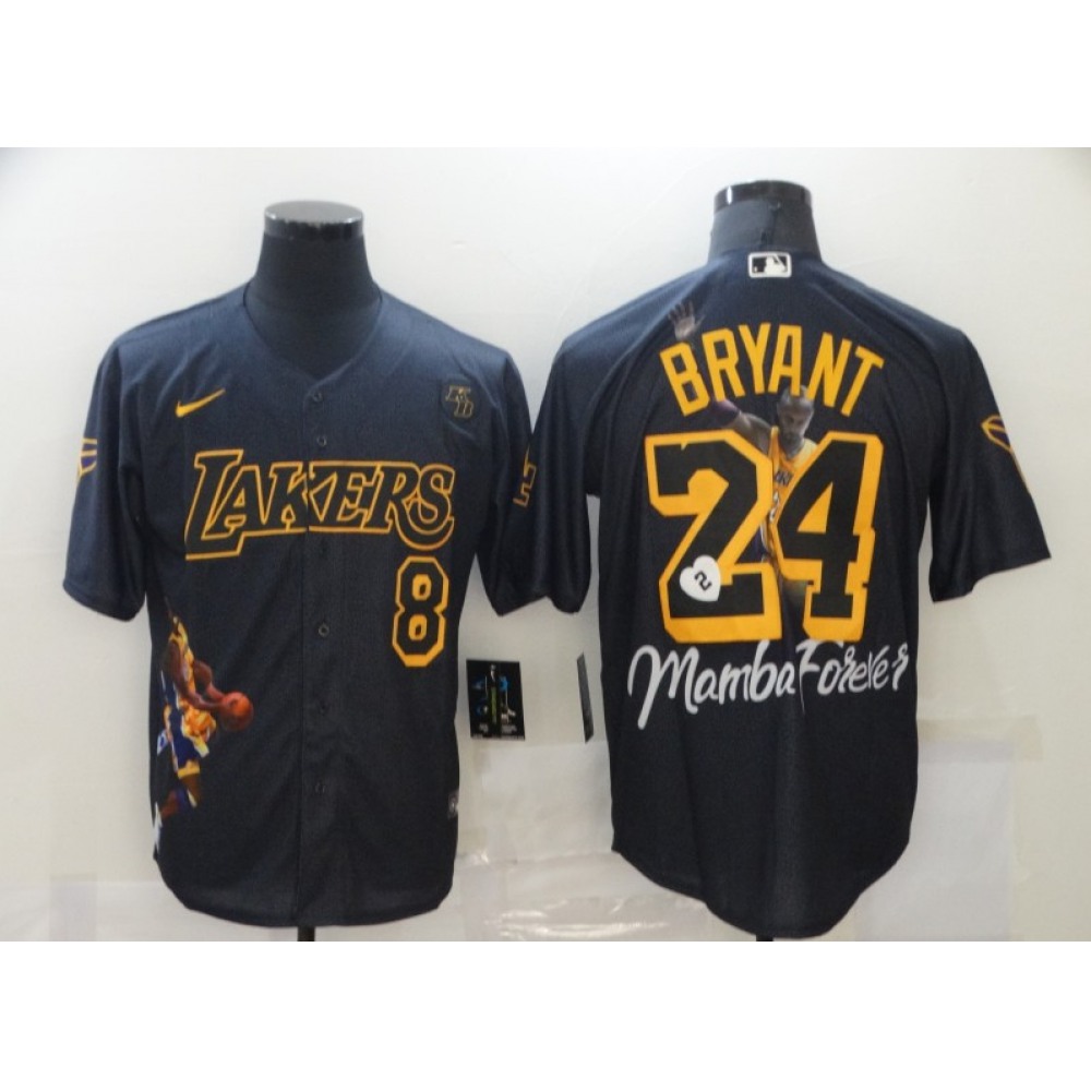 Men's Los Angeles Lakers Front #8 Back #24 Kobe Bryant Black With KB Patch Cool Base Stitched Jersey