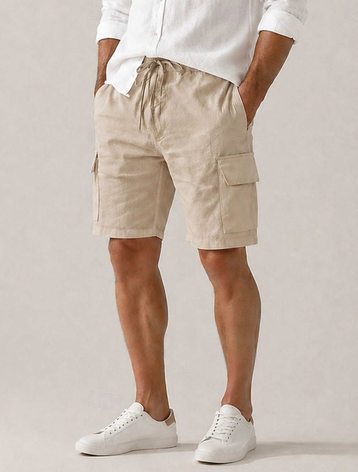 Men's Linen Cargo Shorts – Knee-Length, Drawstring Elastic Waist, Multi-Pocket, Comfortable & Breathable, Casual, Outdoor & Beach Vacation, Black & White