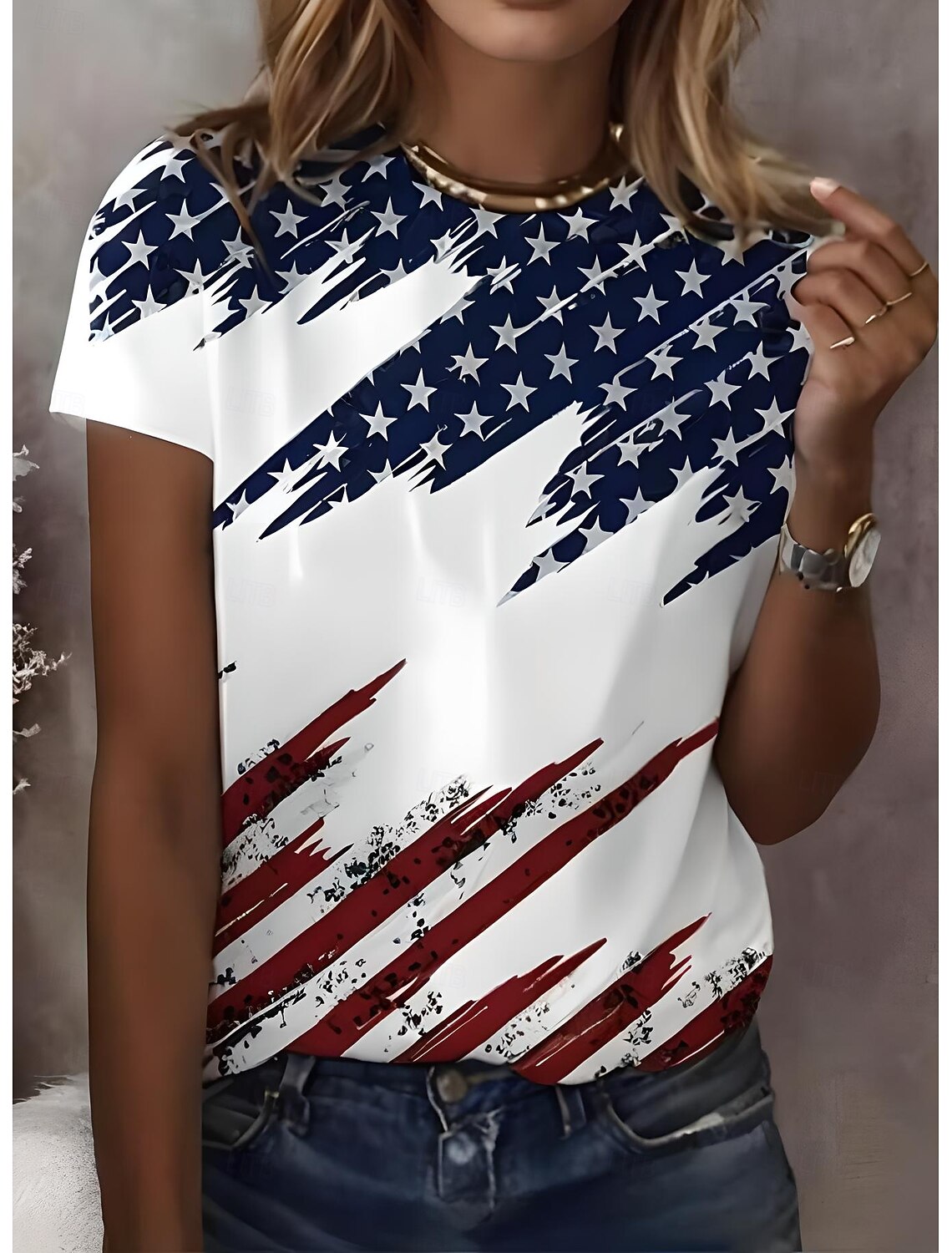 American Independence Day Women's T Shirt Print Graphic American Flag Vintage Fashion Casual Short Sleeve Crew Neck Regular Tops Casual Daily Weekend Red / Blue Summer Spring