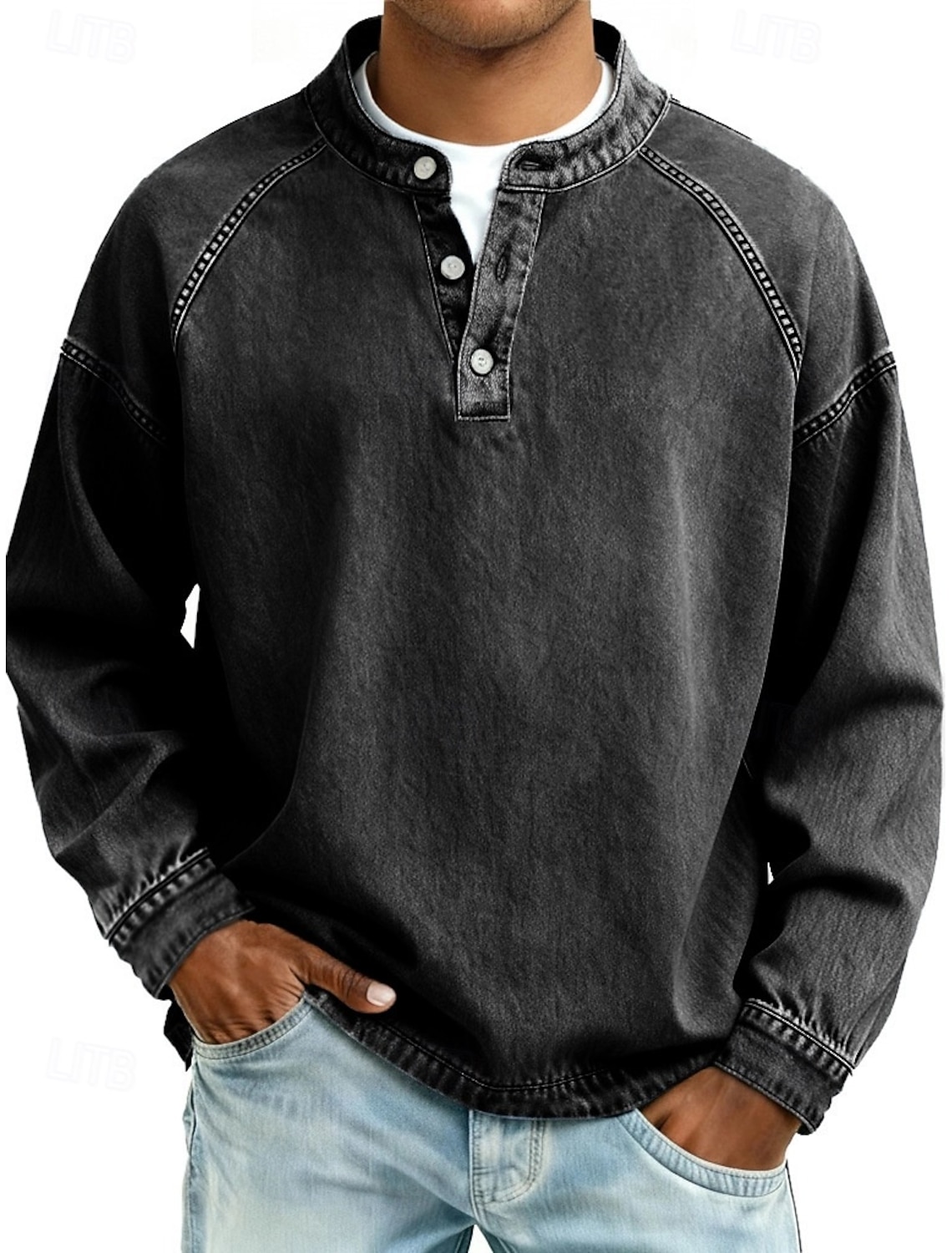 Men's T Shirt Henley Shirt 100% Cotton Acid Wash Shirt Tee Top Long Sleeve Plain Vintage Streetwear Casual Washed Raglan Sleeves Stand Collar Henley Casual Home Street Spring Fall Fall & Winter Black
