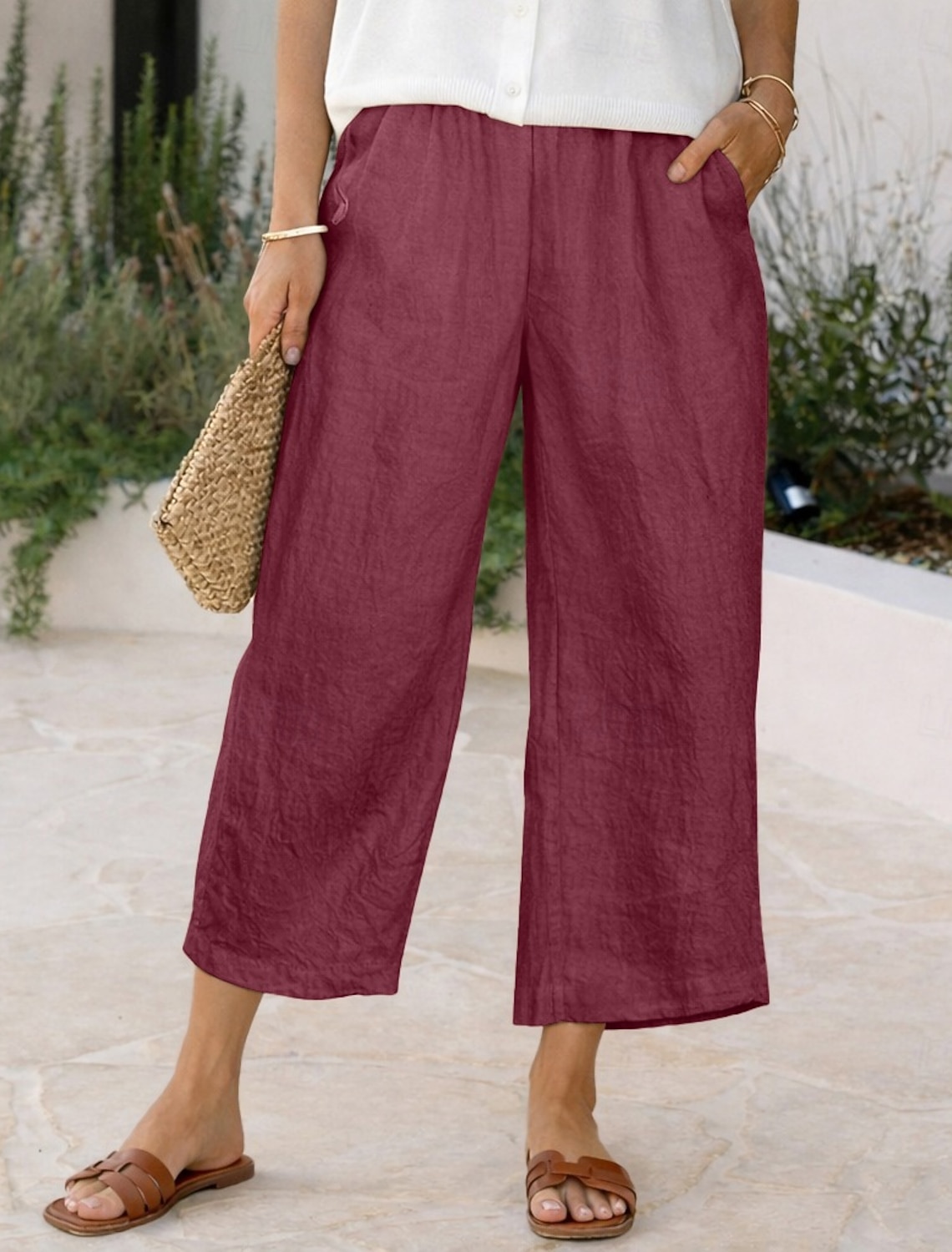 Women's Linen-feel Pants Capri Pants Trousers Summer Shorts Vacation Fashion Basic Full Length High Waist Solid Color Plain Pocket Wide Leg Elastic Waistband Comfort Soft Breathable Inelastic