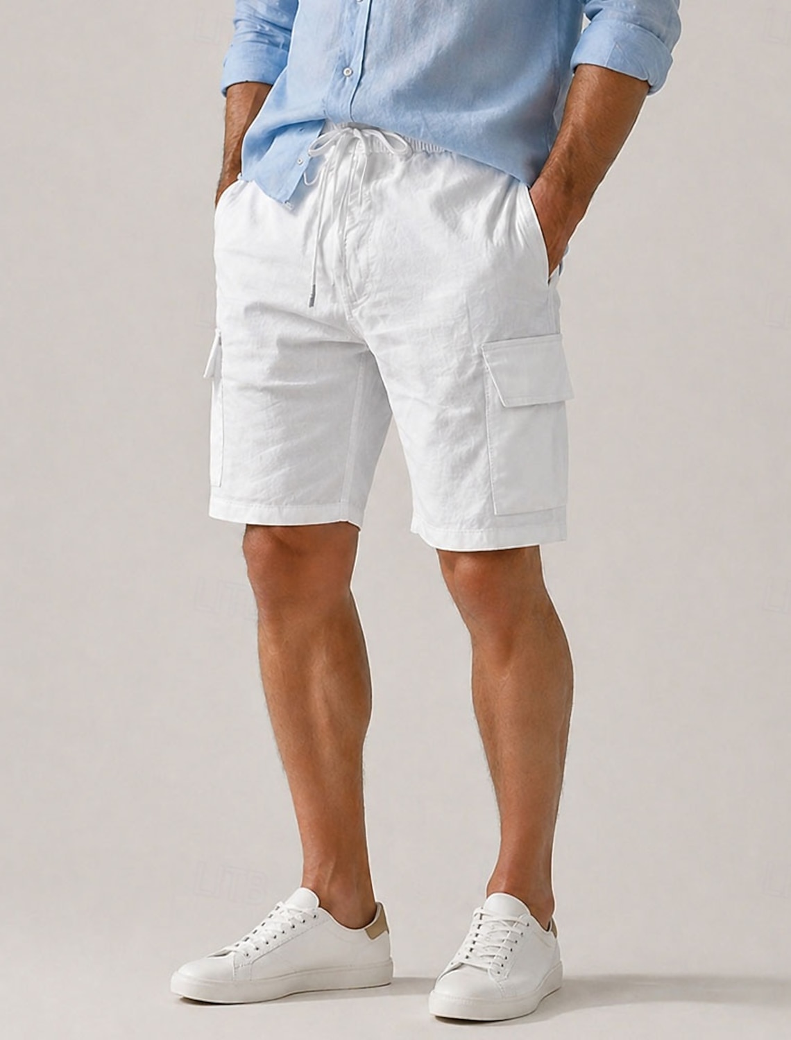 Men's Linen Cargo Shorts – Knee-Length, Drawstring Elastic Waist, Multi-Pocket, Comfortable & Breathable, Casual, Outdoor & Beach Vacation, Black & White