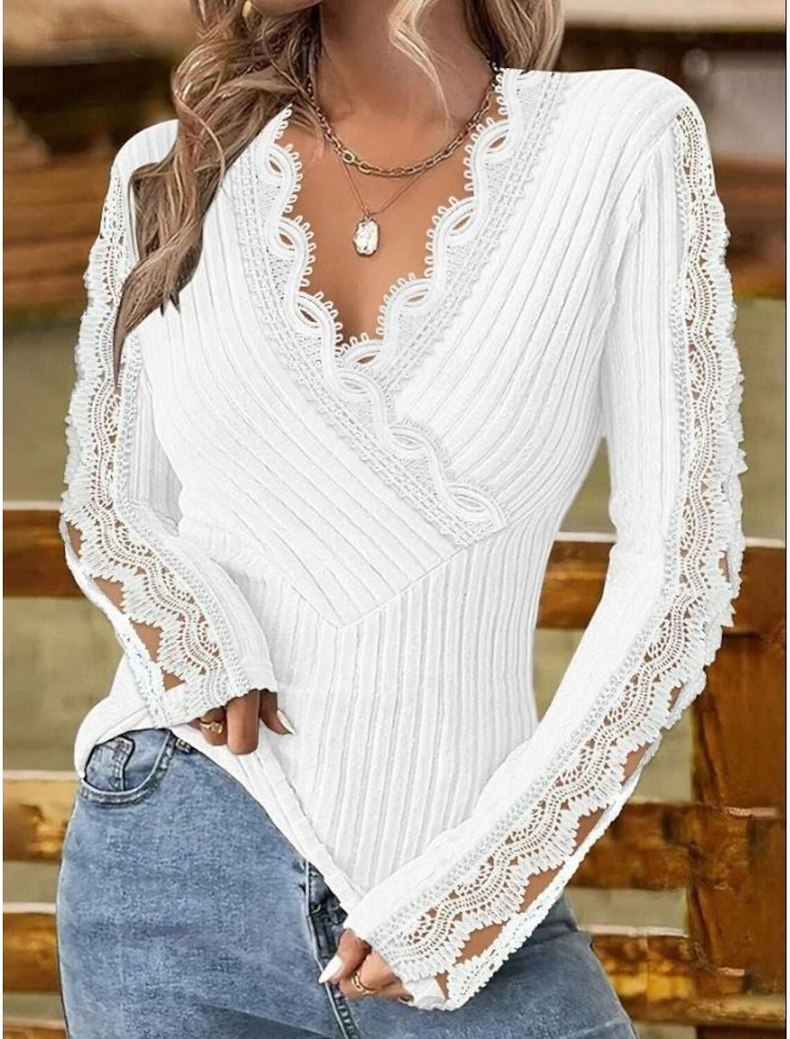 Women's Elegant Lace Tops Eyelet Blouse Stylish Modern Lace Long Sleeve Regular Tops V Neck Work Daily Romantic Petite Tops Summer Holiday Wear Red Light Grey Spring Fall