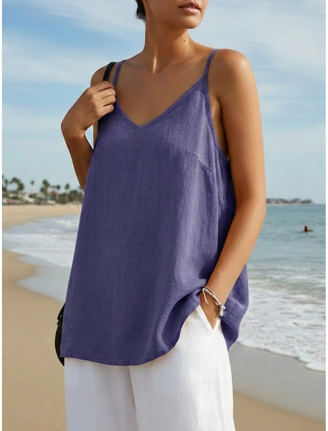 Women's Cotton Linen Vest Blouse Backless Plain Active Casual Sleeveless Strap Regular Tops Daily Holiday Going out Black White Yellow Purple Green Summer Spring