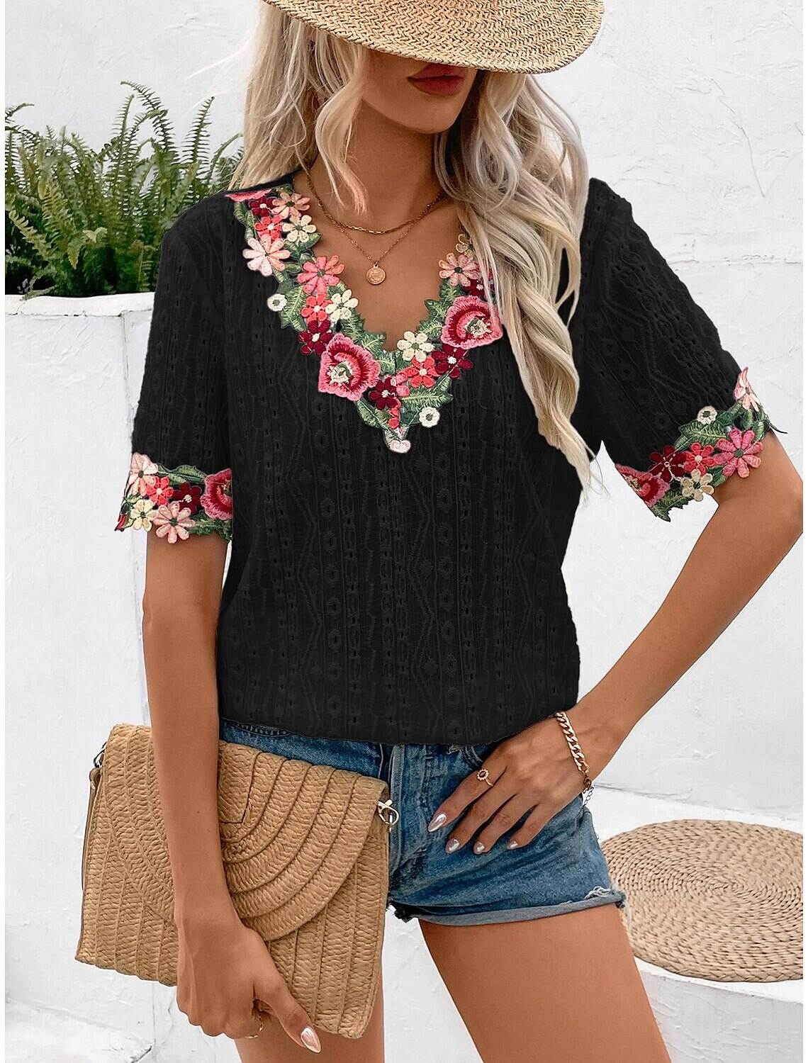 Women's Elegant Lace Tops Eyelet Blouse Floral Embroidery V-Neck Half Sleeve Summer Casual Outdoor Everyday Wear Romantic Petite Tops Summer Holiday Wear