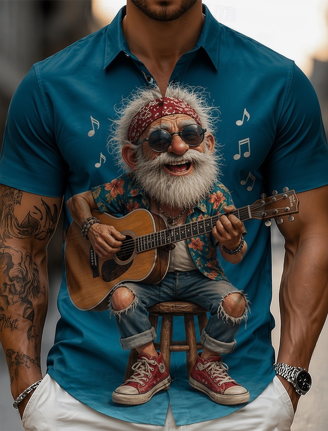 Men's Guitarist Player Cartoon Character Old Man Shirt Summer Shirt Button Up Shirt Short Sleeve Funny Vintage Retro Daily Outdoor Vacation Summer Spring Turndown 3D Print Collared Shirts Blue Violet