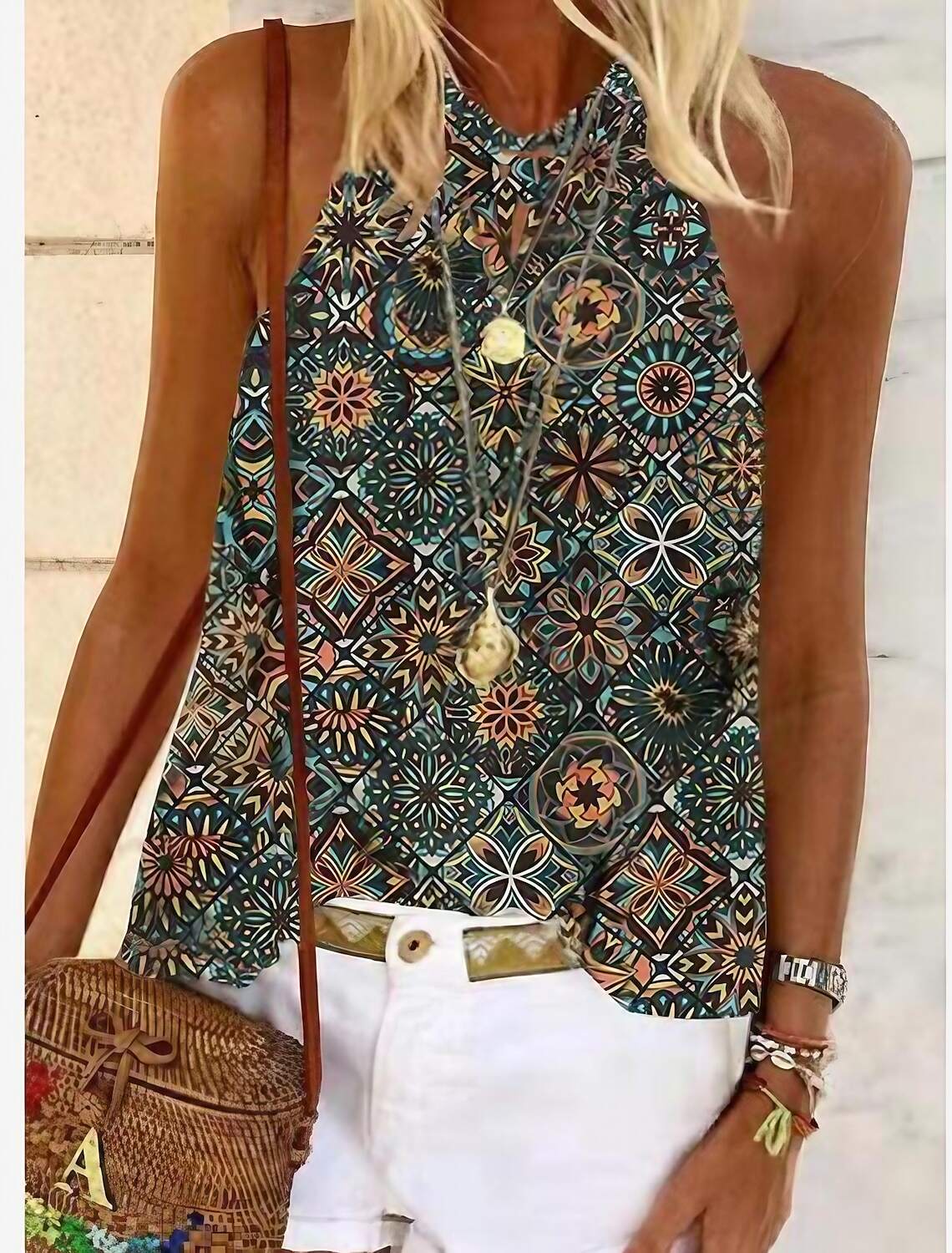 Women's Tank Top Halter Summer Tops Graphic Floral Sleeveless Ethnic Boho Halter S